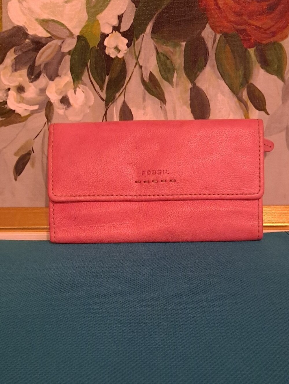 Fossil Vintage Pink Leather Popstitch Trifold Clutch Wallet Rustic Boho
